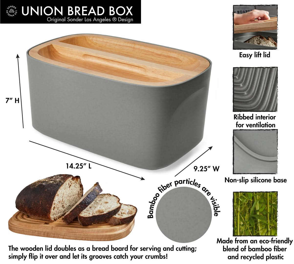 Sonder LA Charcoal Union Bread Box with Reversible Wood Lid.