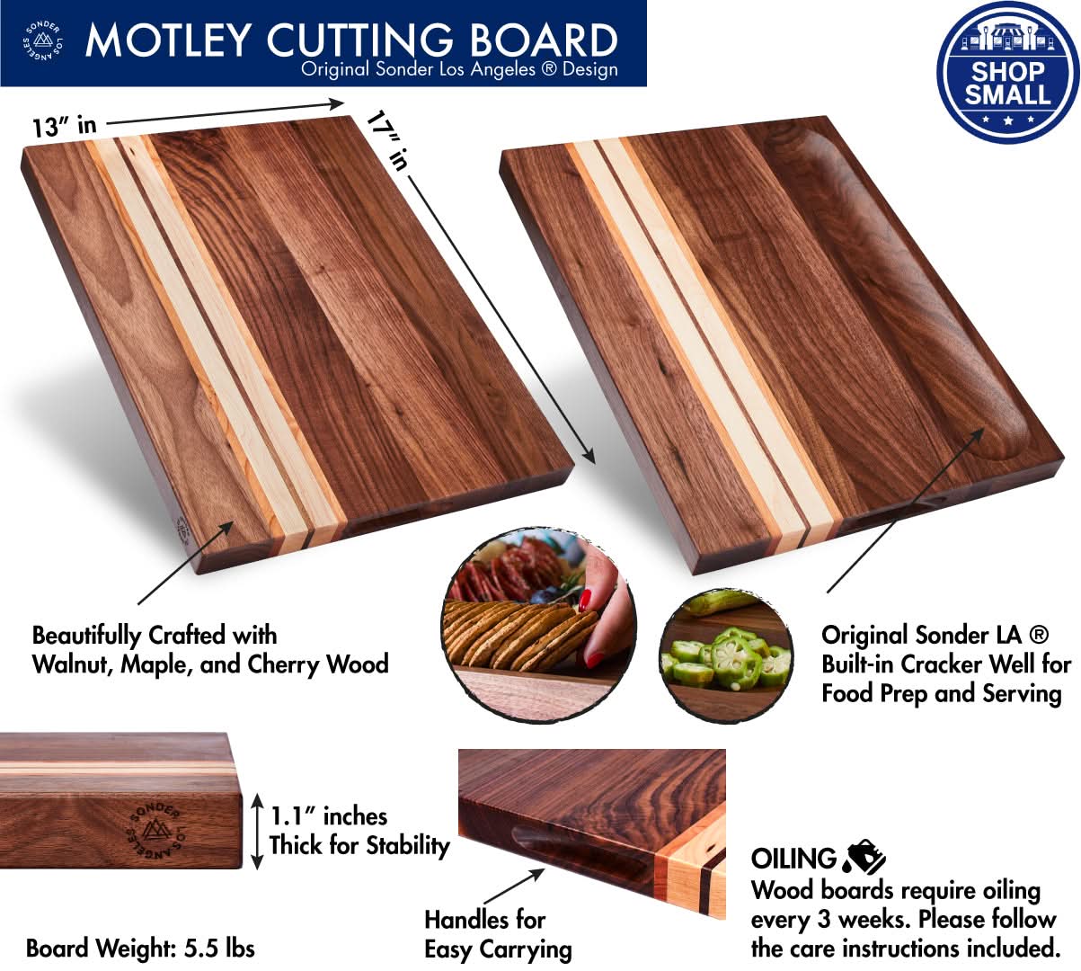 Sonder LA Motley Cutting Board features a built-in cracker well and beautifully crafted.