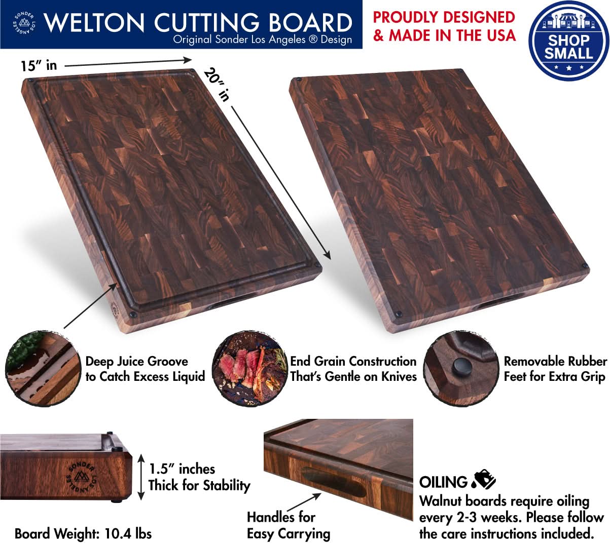 Sonder LA Welton Cutting Board features a juice groove and rubber feet.