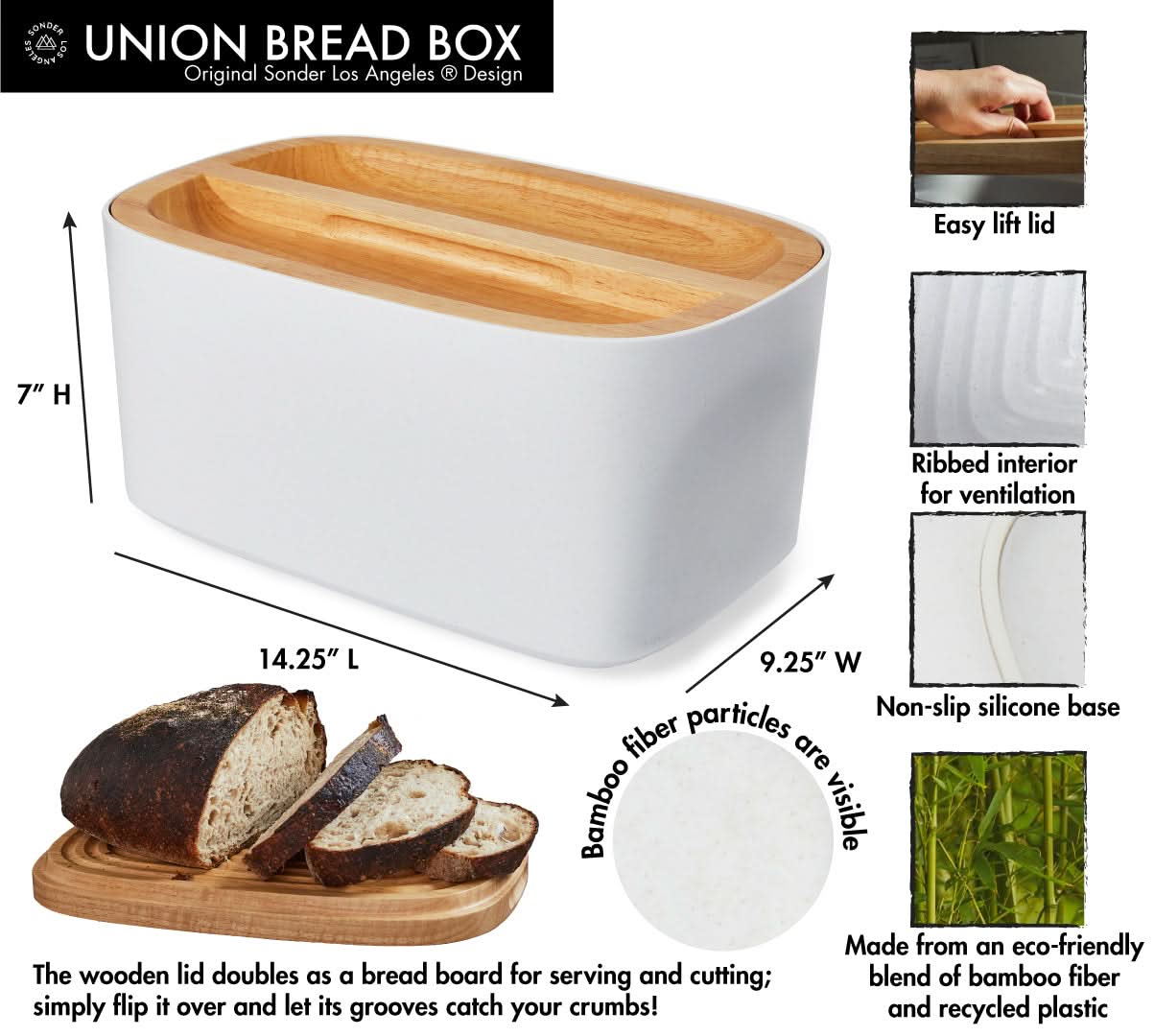 Sonder LA White Union Bread Box with Reversible Wood Lid.