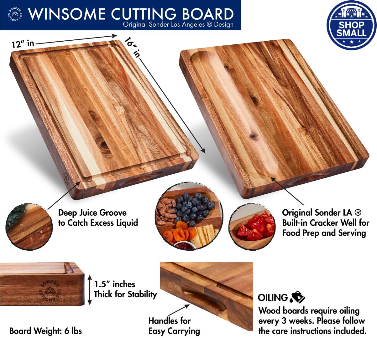 Sonder LA Winsome Acacia Cutting Board features a juice groove and built-in cracker well.