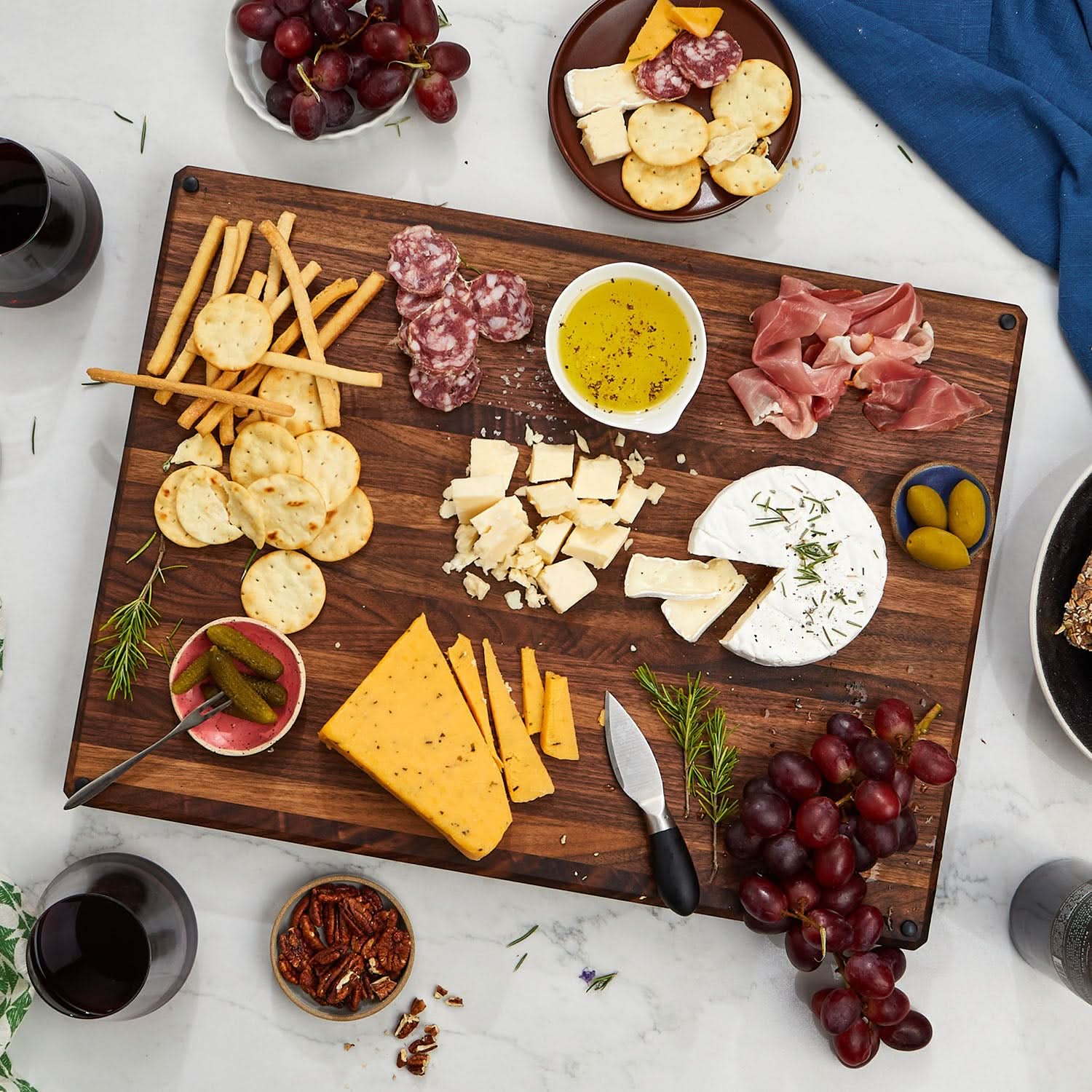 Sonder LA Made in USA edge grain walnut board used as beautiful charcuterie board