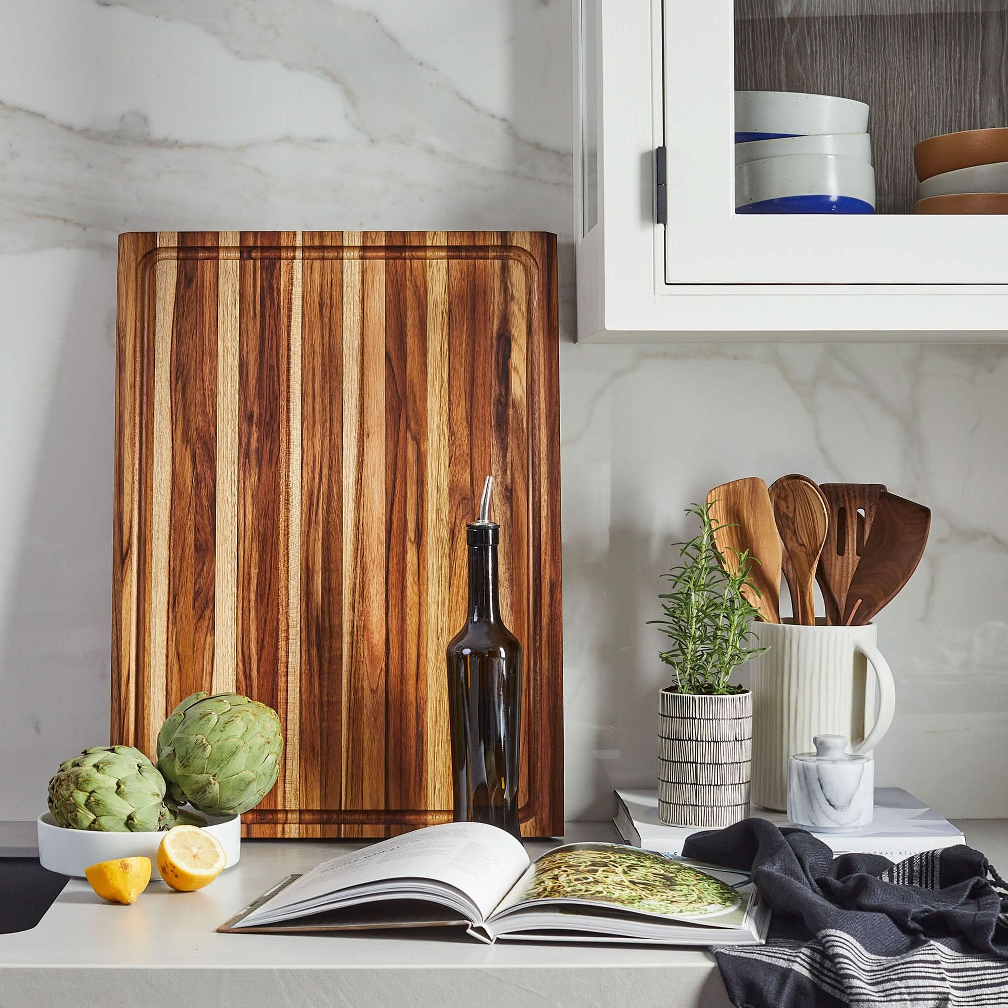 Sonder LA Highland Extra Large Teak Wood Cutting Board Styled in White Kitchen