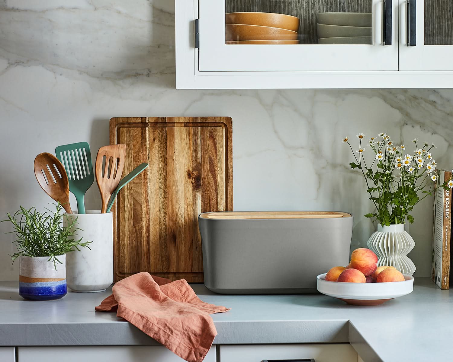 Sonder LA Modern and Minimal Charcoal Gray Bread Box Displayed on Countertop in Modern Kitchen