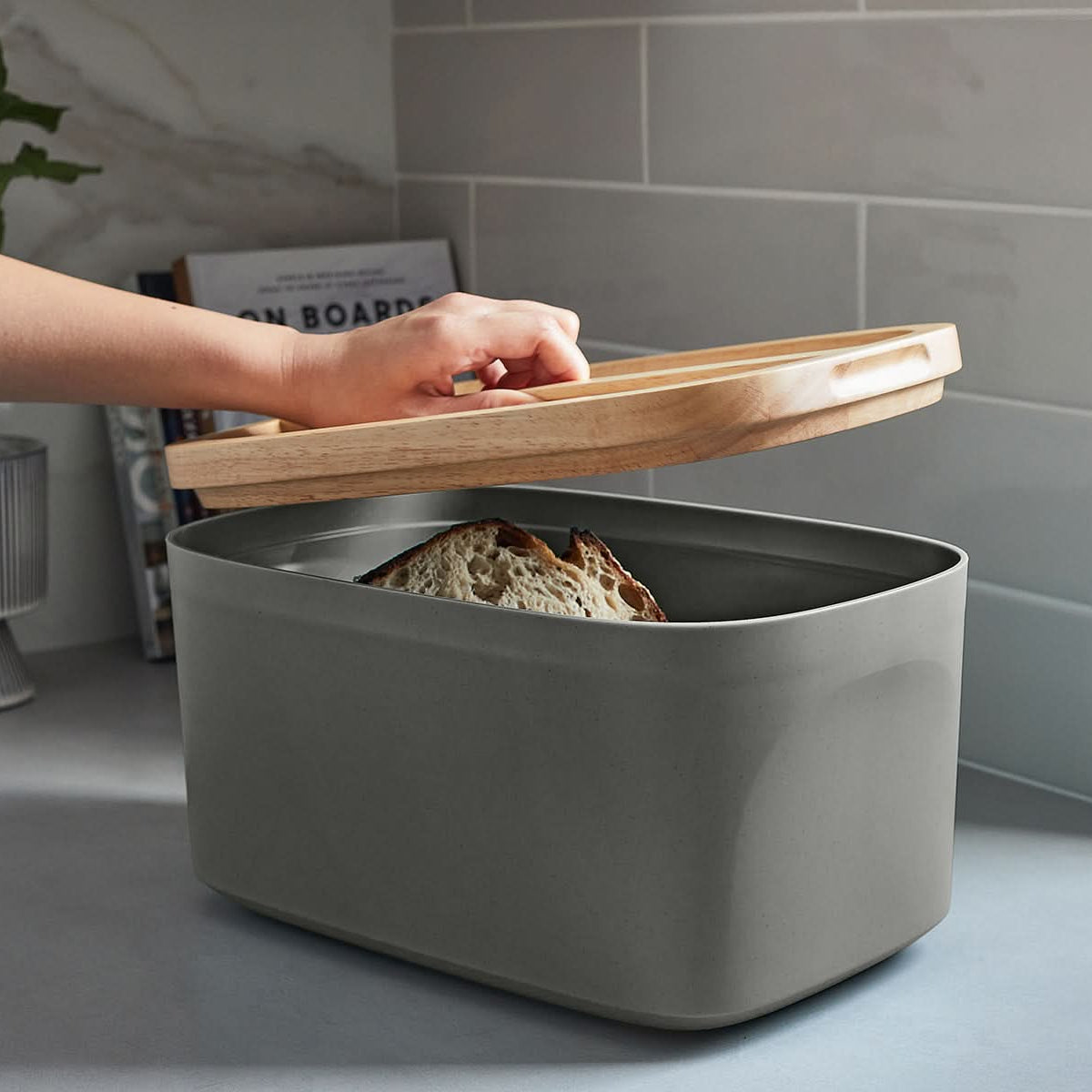 Sonder Los Angeles Charcoal Gray Union Bread Box in White with Ergonomic Wood Lid for Easy Lifting