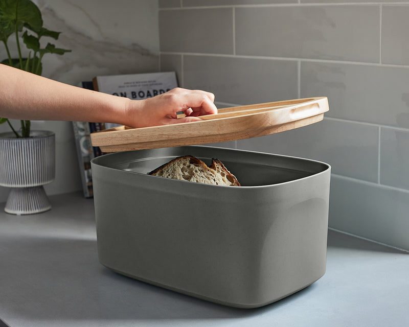 Sonder Los Angeles Charcoal Gray Union Bread Box in White with Ergonomic Wood Lid for Easy Lifting