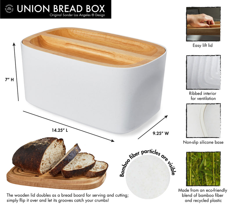 Union Bread Box features a reversible easy lift wood lid that doubles as a bread board, ribber interior for ventilation, non-slip silicone base, and is made from recycled materials