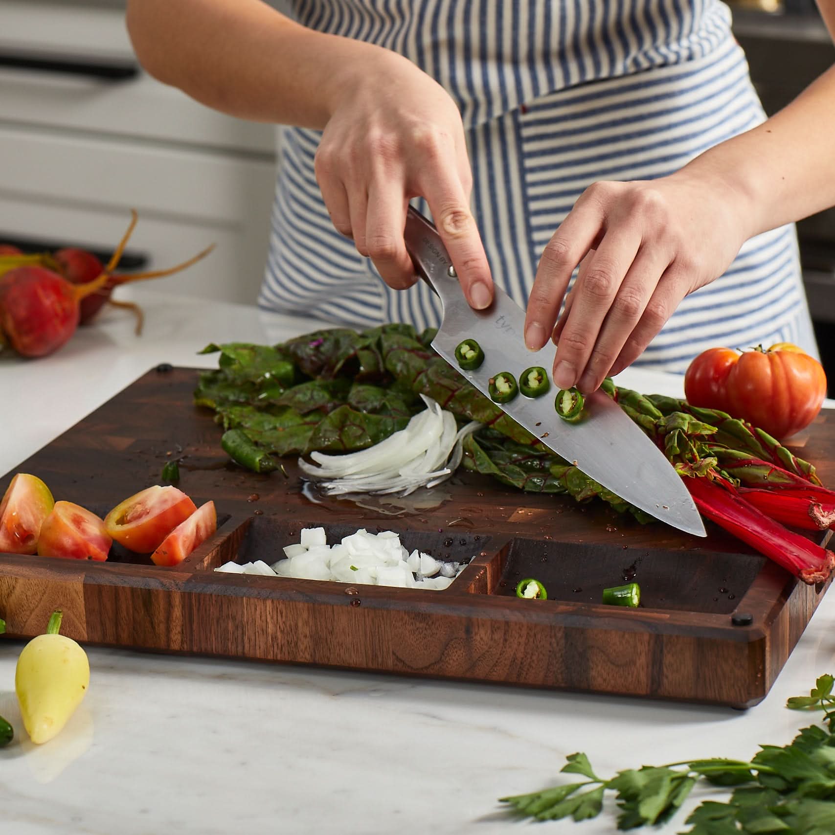 Sonder Los Angeles Made in USA Alfred End Grain Walnut Board with Built-in Compartments for Organizing Meal Prep