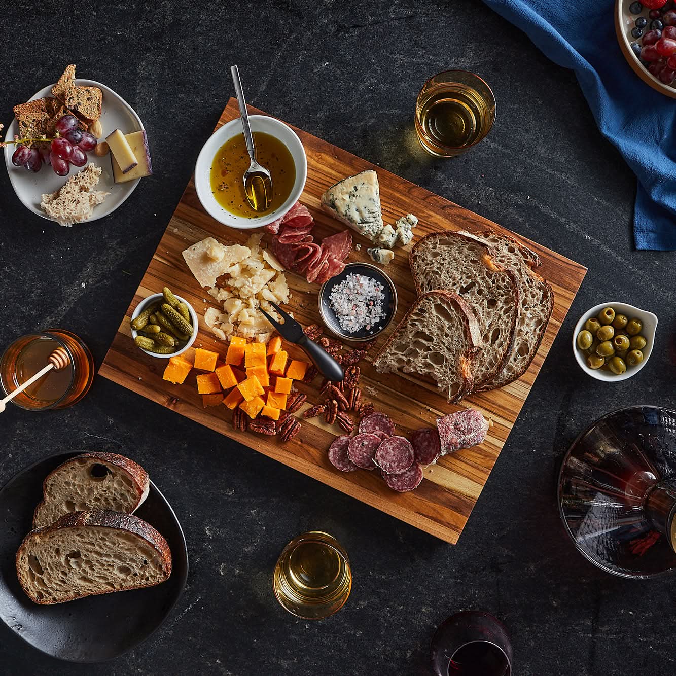 Beautifully Styled Charcuterie Board on Large Laurel Sonder Los Angeles Teak Wood Cutting Board