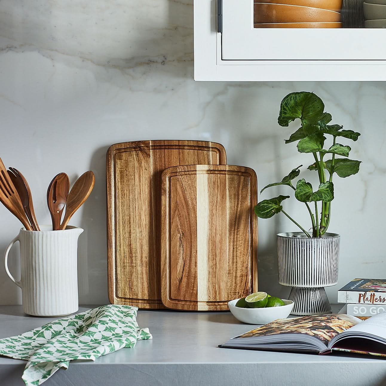 Sonder Los Angeles Doheny Duo Acacia Wood Cutting Board Set Styled in Modern White Kitchen