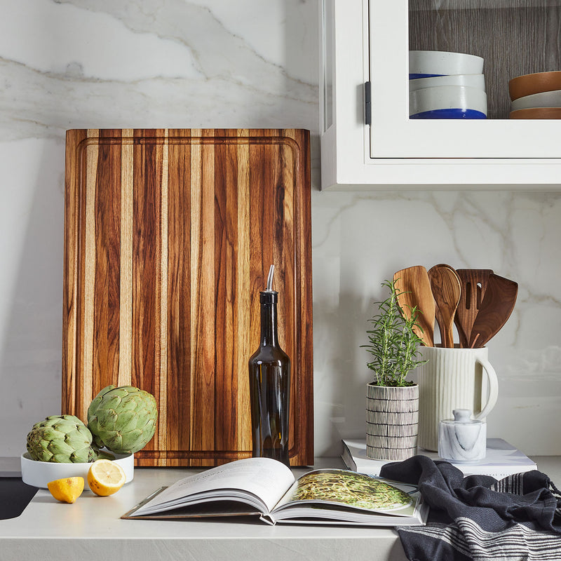 Sonder Los Angeles XL Highland 23x17 Teak Wood Cutting Board styled in white kitchen