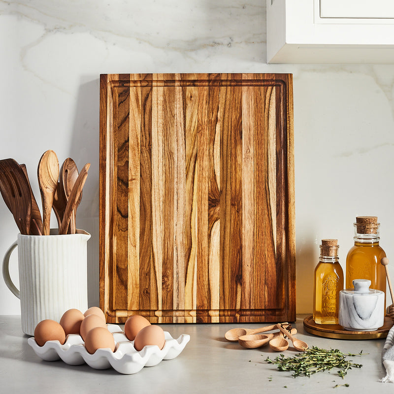 Sonder Los Angeles Laurel Teak Wood Cutting Board Styled in White Kitchen