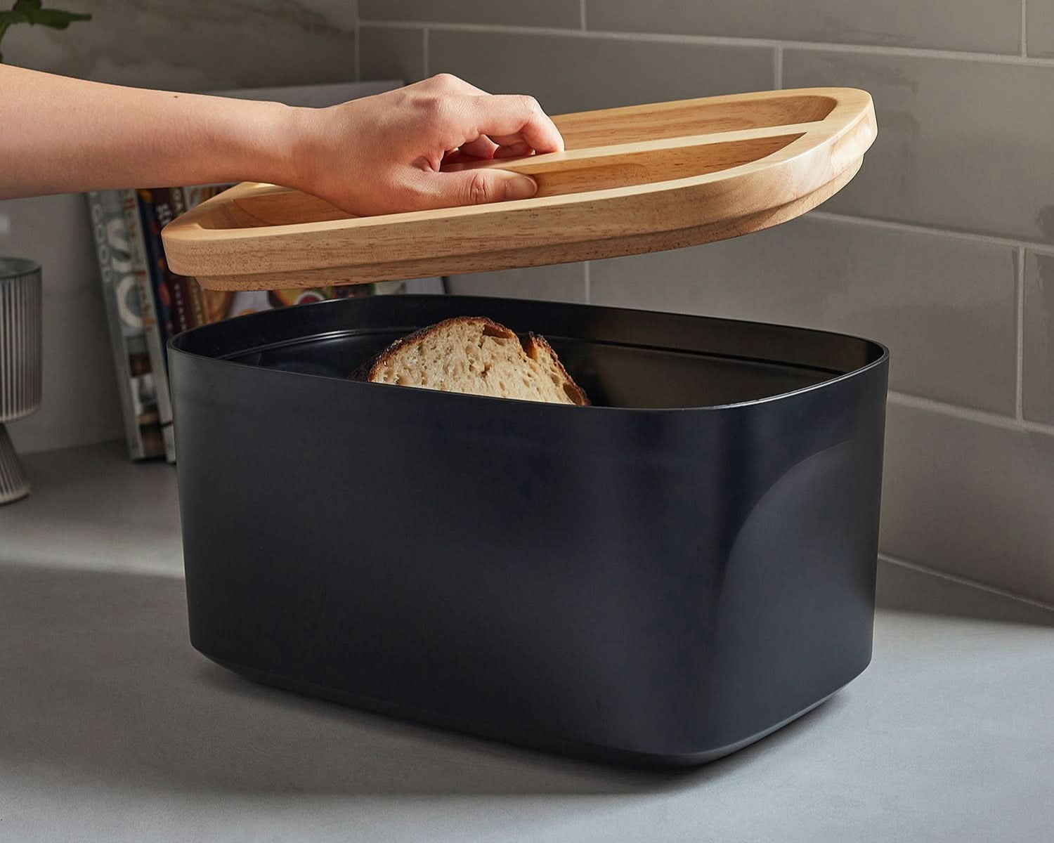 Sonder Los Angeles Black Union Bread Box in White with Ergonomic Wood Lid for Easy Lifting