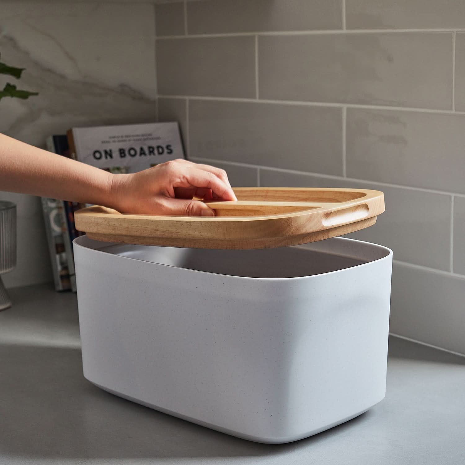 Sonder Los Angeles White Union Bread Box in White with Ergonomic Wood Lid for Easy Lifting