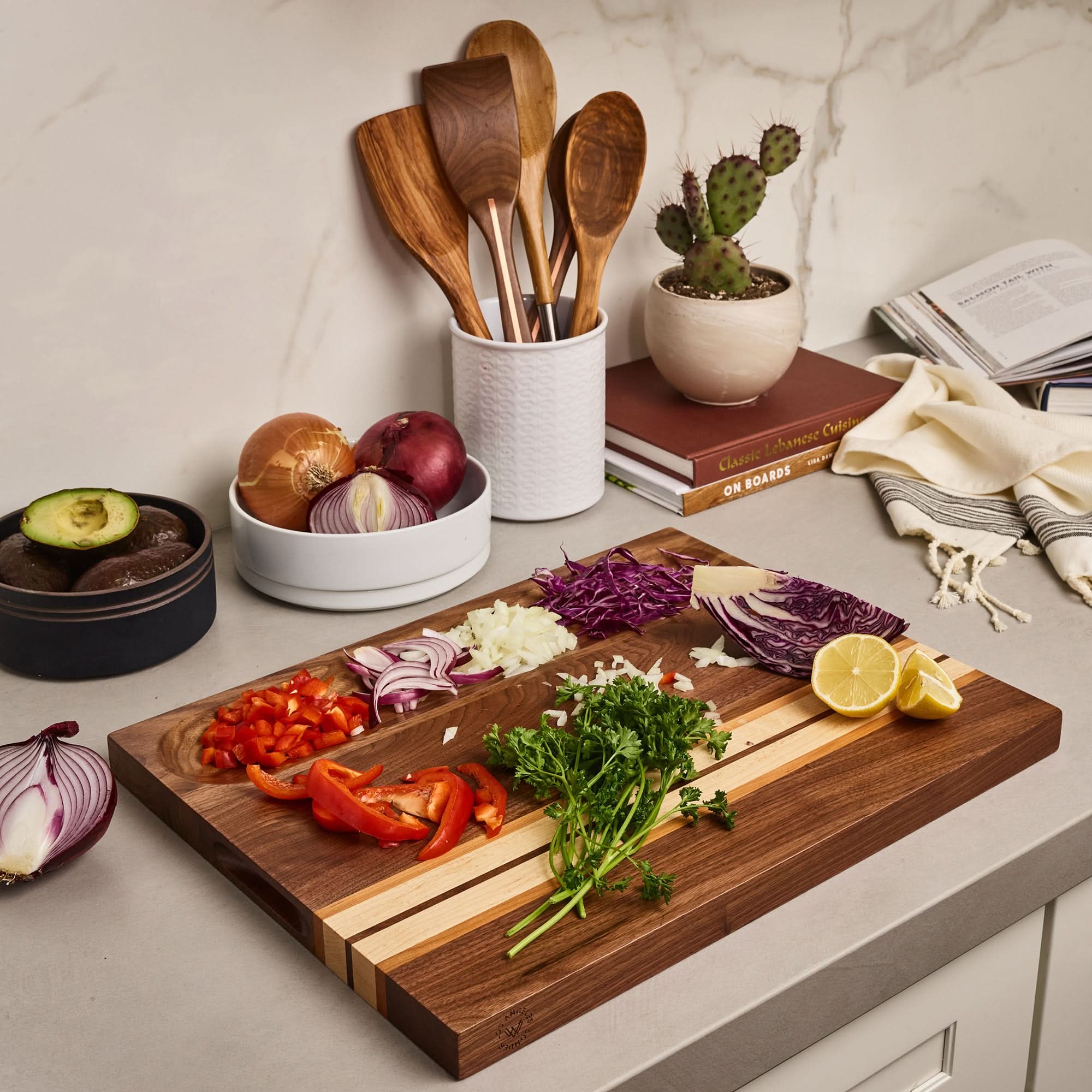 Sonder Los Angeles Motley Walnut Midcentury Cutting Board, Produce in Built-in Organizing Cracker Well