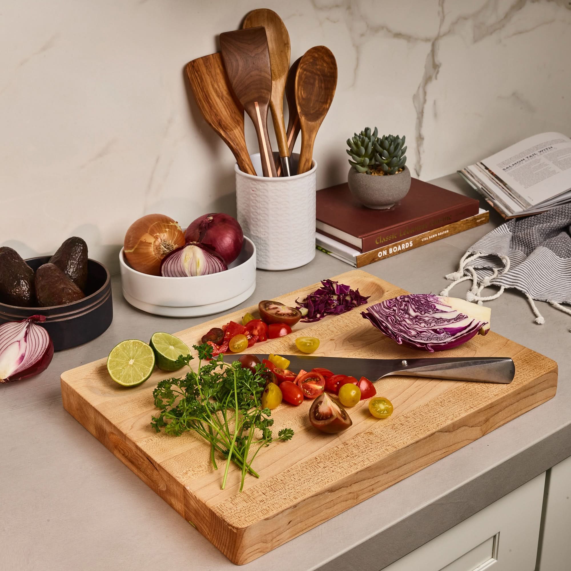 Sonder Los Angeles Made in USA Winsome Maple Wood Cutting Board with Built-in Cracker Well for Meal Prep