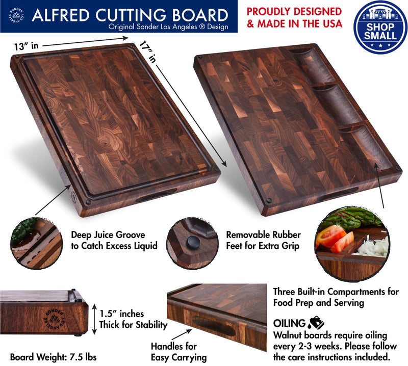 Sonder LA Alfred Cutting Board features a juice groove, compartments, and rubber feet.