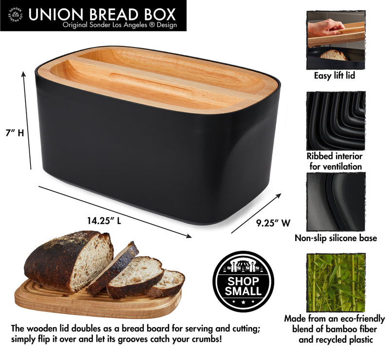 Sonder LA Black Union Bread Box with Reversible Wood Lid.