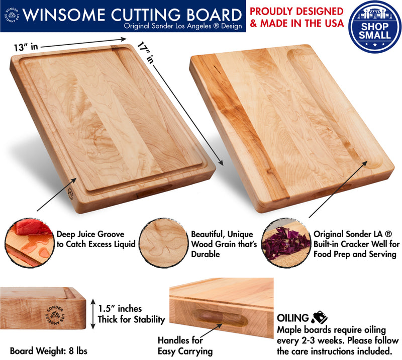 Sonder LA Winsome Maple Cutting Board features a juice groove and built-in cracker well.