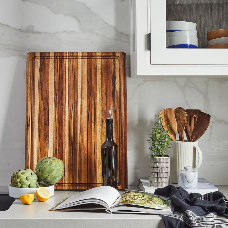 Sonder LA Highland Extra Large Teak Wood Cutting Board Styled in White Kitchen