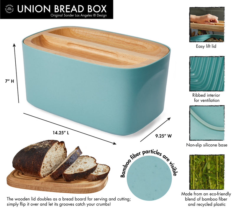 Union Bread Box features a reversible easy lift wood lid that doubles as a bread board, ribber interior for ventilation, non-slip silicone base, and is made from recycled materials