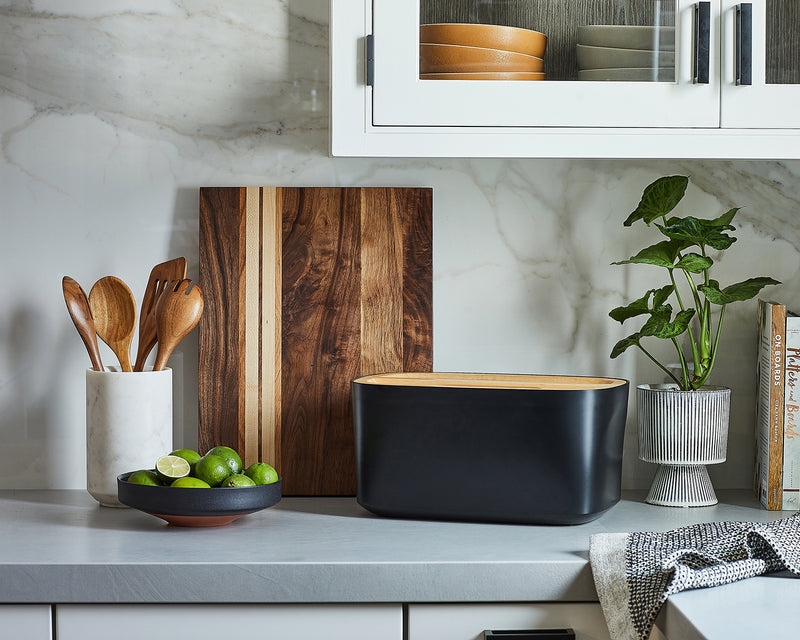 Sonder LA Modern and Minimal Black Bread Box Displayed on Countertop in Modern Kitchen