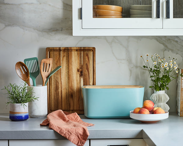 Sonder LA Modern Green Blue Bread Box Displayed on Countertop in Modern Kitchen
