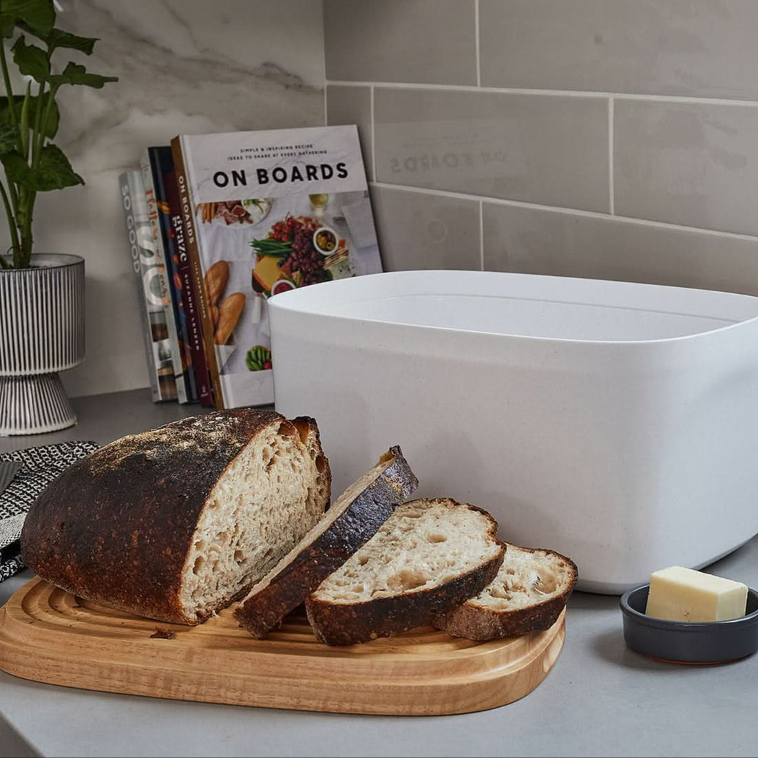 Sonder Los Angeles Union Bread Box with Reversible Wood Bread Board in White