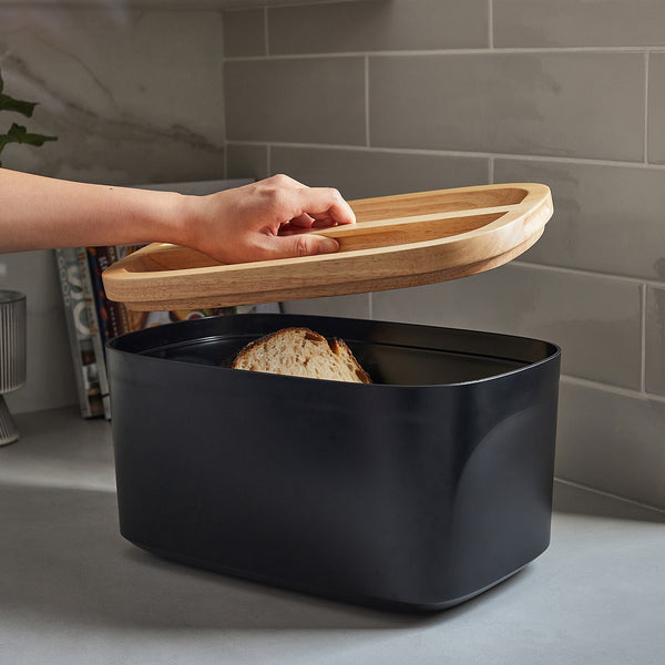 Sonder Los Angeles Black Union Bread Box in White with Ergonomic Wood Lid for Easy Lifting