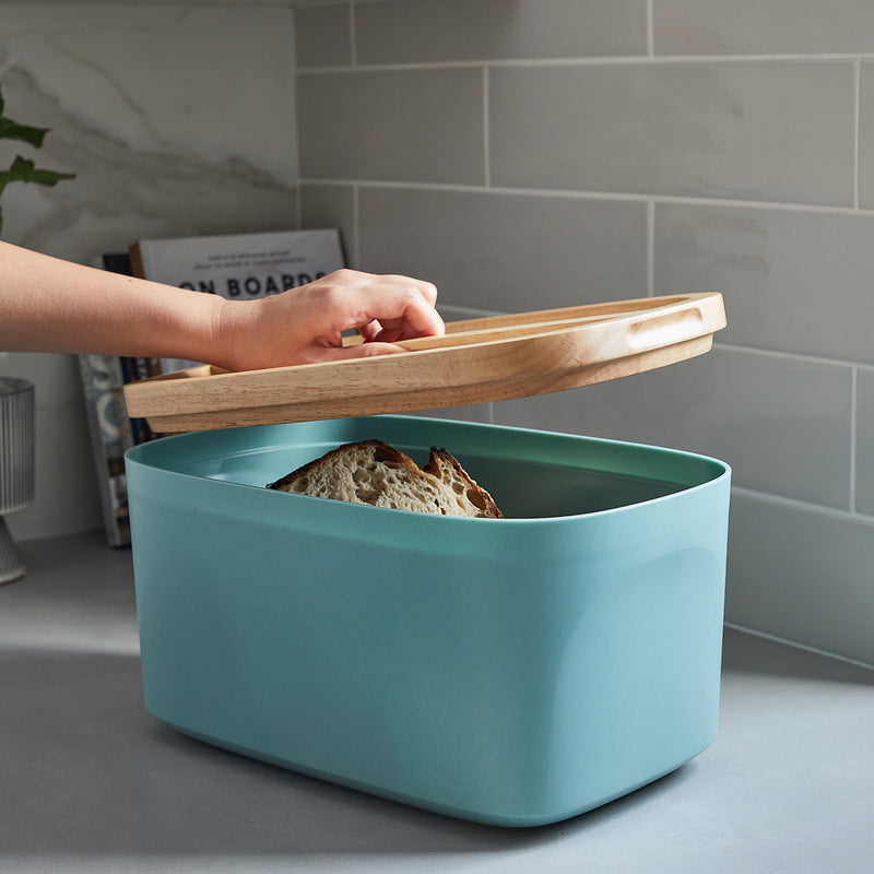 Sonder Los Angeles Green Blue Union Bread Box with Ergonomic Wood Lid for Easy Lifting